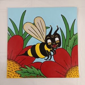 Hand Painted Bee and Flower Mixed Media Art Painting On Paper Unframed *
